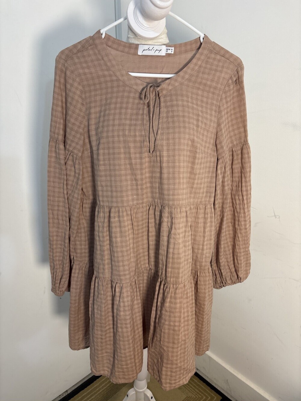 Pedal & Pup brown gingham babydoll tiered mini dress Sz 6 Cottage Tiered - Picture 1 of 9